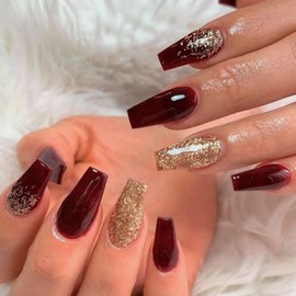 MISUD Wine Red Press on Nails Long Coffin Fake Nails Glossy Glue on Nails Ballerina Acrylic Nails Fall Burgundy Artificial Nails Bling Gold Glitter Stick on False Nails with Design 24 pcs