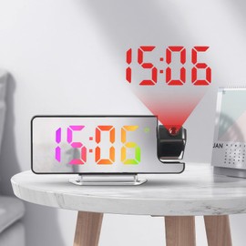 Projection Alarm Clock, Digital Display Alarm Clock 8.1 Inch RGB, 3 Levels Screen Brightness Projection Clock, Digital Clock with Temperature Display, 180° Rotatable, Dual Alarm 12/24H LED Clock - USB