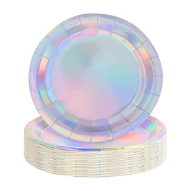 golshine 24Pcs Iridescent Paper Plates 7inches Silver Holographic Paper Plates Iridescent Party Dinner Plates Round Disposable Lunch Dessert Paper Plate for Birthday Wedding Baby Shower Dining Picnic
