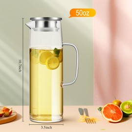 Hsei 2 Sets Glass Pitcher with Lid, 50 oz / 1500 ml Water Carafe with Handles Hot Cold Beverage Water Jar Glass Jug for Tea Juice Milk Coffee Iced Beverage
