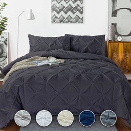 Crown Collection Luxuriate Hotel 1000-TC Ultra Soft 100% Egyptian Cotton California King 98"x104" Dark Gray Solid Pinch Plated Duvet Cover with Zipper Colser & 2pcs Pillow Case Set