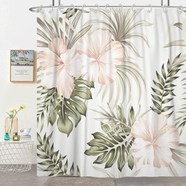 Caheansi Tropical Plants Shower Curtain, Vintage Sage Green Palm Leaves Hibiscus Flowers Beige Bathroom Curtain Waterproof Fabric Machine Washable with Hooks, 72" Wx72 L