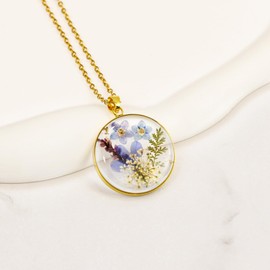 Delphinium Pressed Wildflower Necklace, July Birth Flower Necklace for Women, Handmade Unique Design Pendant Necklace, Symbols of Love, Faithless and Respect, Ideal Present For Birthday Party -18''