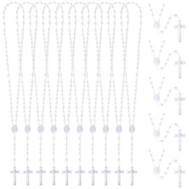 NCPLYGOU 25 Pcs Rosary, Rosarios Catolicos with Crucifix, 17'' Plastic White Rosary for Women Men Kids, Baptism Communion Church Gifts