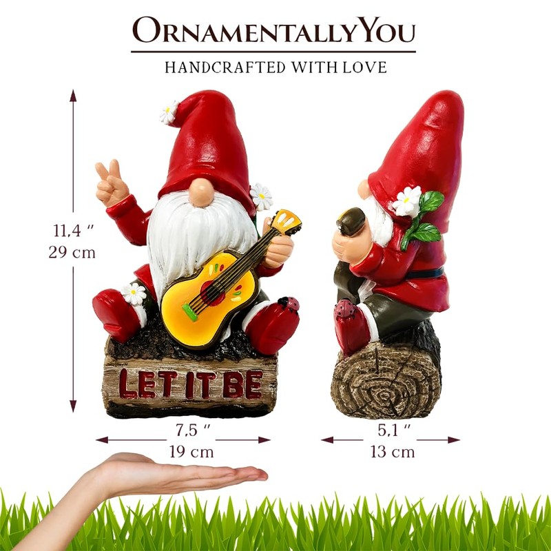OrnamentallyYou Hippy Gnome with Guitar Garden Statue, Unique Flowers and