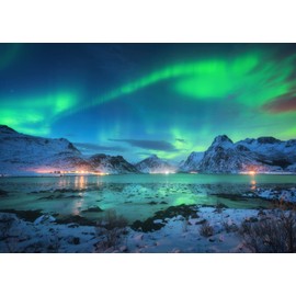 BELECO 8x6ft Fabric Aurora Borealis Night Sky Backdrop Snow-Capped Mountains Lake Scenery Starry Sky with Polar Lights Norway Winter Landscape Background Wallpaper Home Decor Studio Photo Props