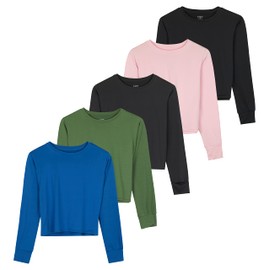 5 Pack: Women's Quick Dry Crop Top High Waist Active Wear Yoga Workout Athletic Long Sleeve Tees - Set 4, S