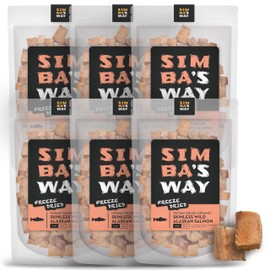 SIMBA'S WAY - Freeze Dried RAW SKINLESS Wild Alaskan Salmon Fillet Dog and Cat Treats, Human Grade, Single Ingredient, Grain-Free, No Preservatives, Made in The USA [ 6 Pack of 3 Oz Bags ]