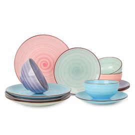 Selamica Ceramic 12-Pieces Dinnerware Sets, Scratch Resistant Plates and Bowls Sets, Handpainted Swirl Dishes Set for 4 with Spray Black Dots, Dishwasher&Microwave Safe, Gradient Color