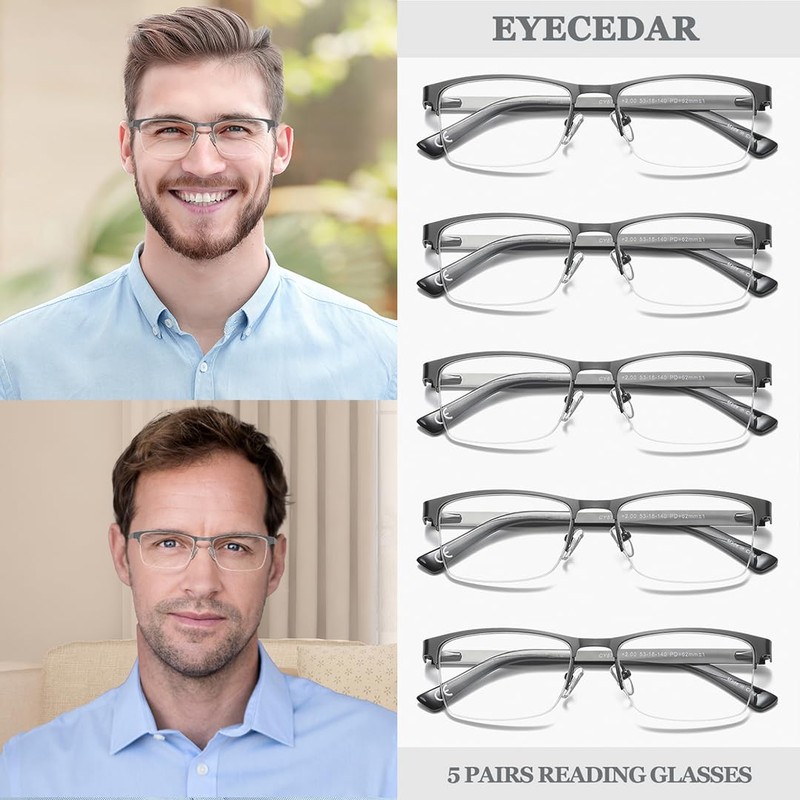 EYECEDAR 5-Pack Reading Glasses for Men Rectangular Metal Half-Frame Spring