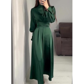 xxxiticat Women's Green Satin Dress Long Lantern Sleeve Mock Neck Puff Shoulder Tie Waist Pleated Cocktail Maxi Slip Dresses(GR,M)