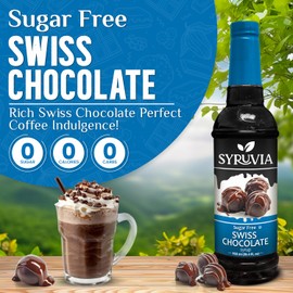 Syruvia Sugar Free Coffee Syrup, Swiss Chocolate Flavored Syrup for Drinks, Lattes, and Desserts – 25.4 fl oz, With Pump