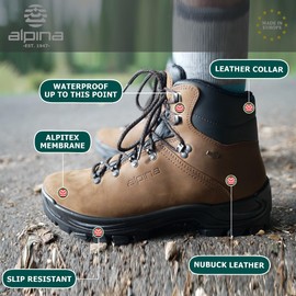 Alpina TUNDRA Premium Men's Lightweight Boots - Waterproof Leather Ankle High 6 inch Danner Shoes with Breathable Membrane and Slip Resistant Hand Made in Europe Brown size 11