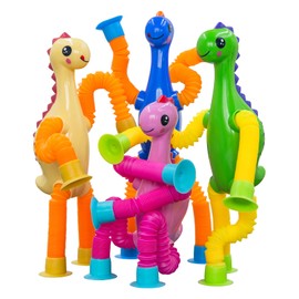 DoDoMagxanadu Pop Tubes Fidget Toys for Kids, Animal Toys 4Pack Telescopic Suction Cup Toy for Year Old Ages 3 4 5 6 7 Toys for Stress and Anxiety Relief Stocking Stuffers for Toddlers (Dinosaur)