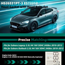 Engine Head Gasket with Head Bolts Set, HS26531PT-3 ES72212, for Subaru Legacy 2010-2012, for Subaru Outback 2010-2012, for 2.5L H4 16V SOHC 2458cc, Engine Code: EJ253, HGS4350 HSD2913