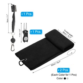 PATIKIL Tri-Fold Golf Towels Set, 2 Pcs 24"x16" Microfiber Waffle Pattern Golf Bag Towels & Club Groove Cleaning Brush, Golf Divot Tool with Ball Marker, Black/Gray