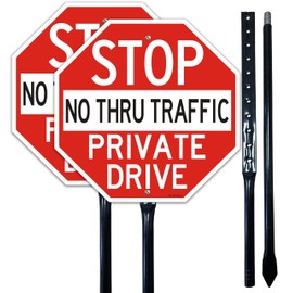 2Pack Large Stop Sign Private Drive Sign No Thru Traffic Sign with 36" Metal Thick Stakes, 12x12 Inch Rust Free Heavy Duty Reflective Aluminum,Easy to Mount,Outdoor use