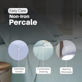 Deep Fitted Bed Sheets Easy-Care Non-Iron Percale 10'' / 25CM Fitted Sheet, Single - Sky Blue