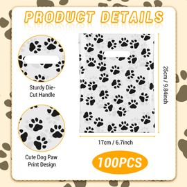 Infankey 100 PCS Dog Paw Gift Bags Bulk Pet Paw Puppy Print Plastic Treat Favor Candy Goodie Bags with Handle for Dog Birthday Party Decoration Supplies