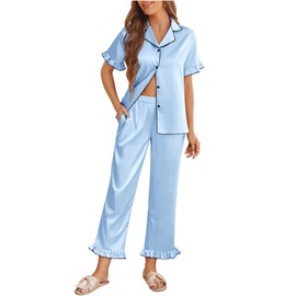 Ekouaer Silk Pajamas for Women Satin Short Sleeve Pajamas Set with Ruffle 2 Pieces Button Down Tops and Pants Light Blue