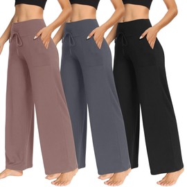 TNNZEET 3 Pack Women's Wide Leg Pants with Pockets - Casual Loose Yoga Trouser Pants Sweatpants Palazzo Lounge Pajama Pants