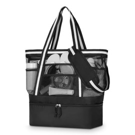 WOOMADA Beach Tote Bag With Cooler, Large Mesh Beach Bags for Women with Wet Pocket, Pool, Swim, Travel Essentials(Black)