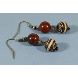 'Tibetan Journey', Rosewood and Tibetan Agate (dyed) Dzi Bead Earrings