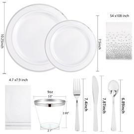 Gather 176 Pieces Silver Plates - Disposable Silver Plastic Plates Includes 50 Plates, 75 Silverware, 25 Napkins, 25 Silver Rimmed Cups and 1 Tablecloth Perfect for Party & Weeding & Mother's Day
