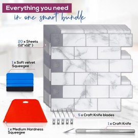 Peel and Stick Backsplash Tile for Kitchen Wall, 12” x 12” Stick On Backsplash Bundle Set with Wallpaper Smoothing Tool Kits for Kitchen or Bathroom with 3D Glass Tile Looks