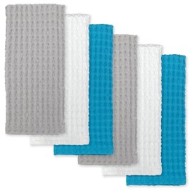 Homewear Nora Waffle Weave Set of 6 Kitchen Towels, Recycled Cotton Poly Blend, Ultra Soft Absorbent Quick Dry Cleaning Cloth, 18 x 28 Inch Hand Dish Towel, Grey/White/Teal