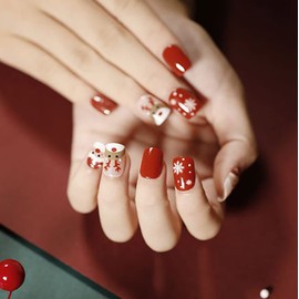 Ursumy Christmas Press on Nails Red Medium Length Fake Nails with Design False Nails Full Cover Acrylic Nails for Women and Girls (24Pcs)