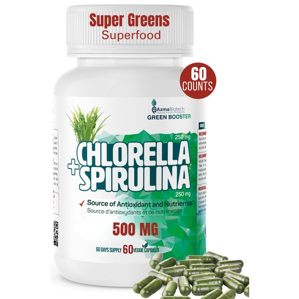 AzmaBiotech AzmaBiotech Organic Spirulina Chlorella Capsules 500mg, 60 Count, 50/50