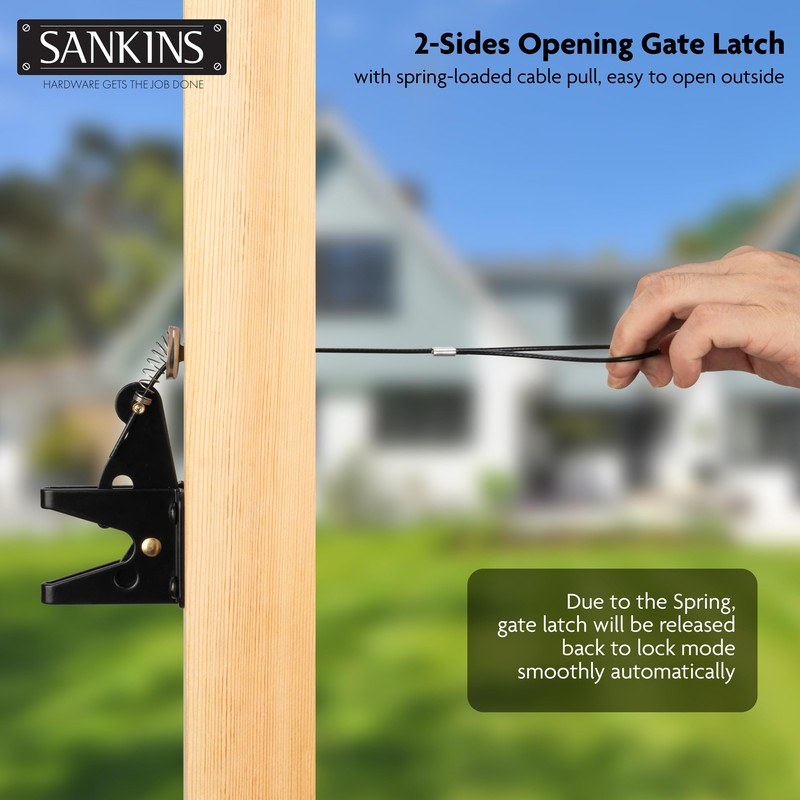 SANKINS Self-Locking Gate Latch with Spring Cable Pull for Wooden