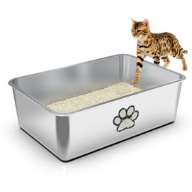 Stainless Steel Cat Litter Box - Diamond Paw Pattern, XL Metal Litter Pan High Side, Pet Toilet Kitten Cleaning Supplies for Small Big Cats, Non-Stick, Splash-Proof, Odorless, White 23.6"x15.7"x7.9"