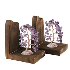 Wood Bookends for Shelves with Crystal Tree, Geode Bookstoppers for Heavy Books,Agate Stone Boodend Decor for Unique Home Decorative(1 Pair) by Yougoals