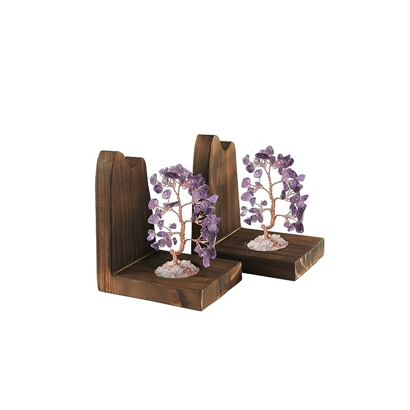 Wood Bookends for Shelves with Crystal Tree, Geode Bookstoppers for