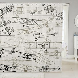 Manfei Aircraft Kids Shower Curtains,American Airplane Retro Bathroom Curtains for Girls Boys Adults,Air Vehicles Airplane Beige Black Vintage Waterproof Curtains,12 Hooks Suits,72" W x 72" L