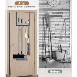 Broom Holder Over The Door-304 Stainless Steel Mop and Broom Holder Wall Mounted or Hanging Over The Door with Hooks - Broom Hanger, Tool Organizer for Garage Closet Laundry Kitchen-Space grey