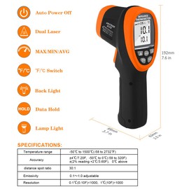 Infrared Thermometer High Temp Thermometer Pyrometer -58℉~2732℉ (-50℃ to 1500℃), 30:1 Distance Spot Ratio, Non-Contact Dual Laser Thermometer for Industry Forge【NOT for Human】