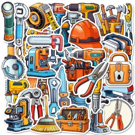 50Pcs Cartoon Tool Stickers, Funny Hammer Wrench Scissor Helmet Stickers Packs for Teens Adults Workers, Vinyl Waterproof Hardware Tool Decals for Water Bottles Notebooks Scrapbooks