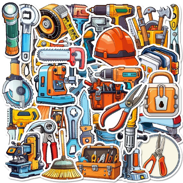 50Pcs Cartoon Tool Stickers, Funny Hammer Wrench Scissor Helmet Stickers