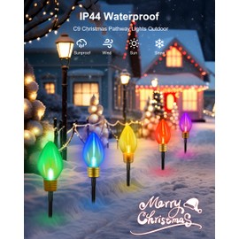 2 Pack Jumbo C9 Christmas Lights Outdoor Decorations Lawn with Stakes, 11Ft 5 LED Pathway Marker String Lights for Holiday Outside Yard Garden Decor, Large Multicolor Bulbs, 10 Lights
