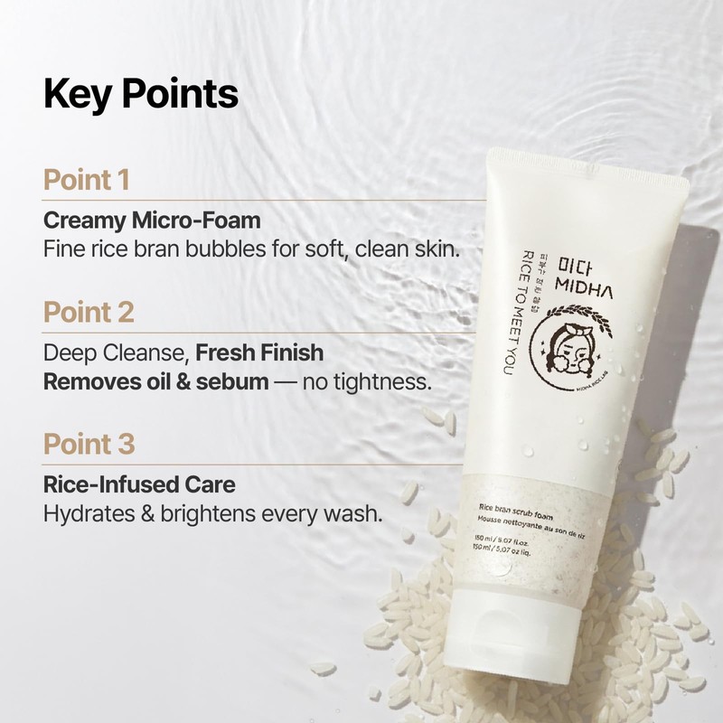 MIDHA RICE BRAN SCRUB FOAM 5.07fl.oz/150ml, Deep Cleansing, Pore-Purifying, Gentle