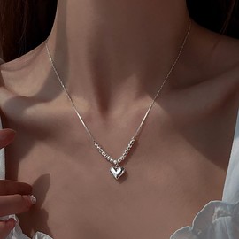Atentuyi Punk Heart Pendant Necklace Silver Small Heart Necklace Love Heart Necklace Tiny Dot Necklace Delicate Chain Small Ball Necklace Jewellery for Women and Girls