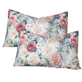 Huborise 100% Cotton Blue Floral Pillow Cases Standard Size Set of 2, 19''×29'', Shabby Vintage Chic Peony Flower Printed Silky Pillow Covers Luxury Soft Envelope Queen Cooling Pillowcase Protectors
