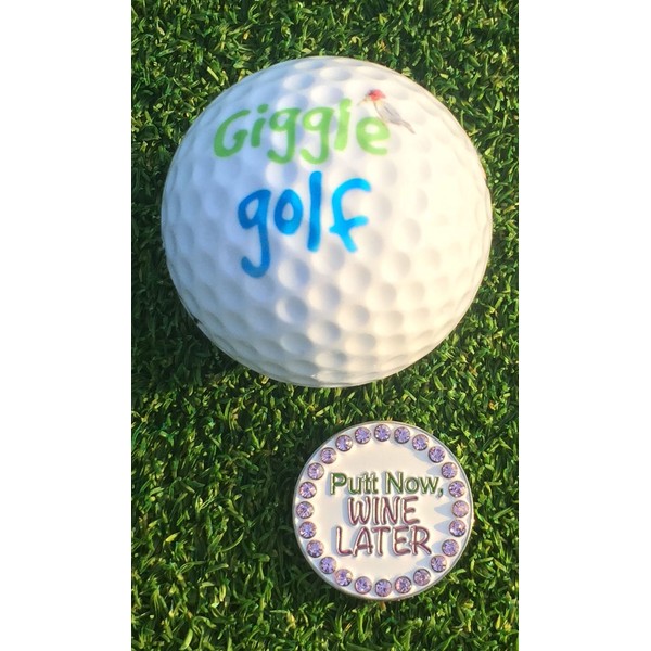 Giggle Golf Bling Golf Ball Marker with A Magnetic Pendant Necklace for Women (Putt Now, Wine Later)