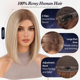 starluck Human Hair Wig for Women Blonde Wigs Real Human Hair Wigs Ombre Blonde Mixed Light Brown Layered Bob Wig 12 Inch Silk Base Realistic and Resistant for Daily Party Use