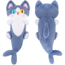 Fortuning's JDS Long Cat Plush Toy Shark Plush Pillow Kawaii Plush Shark Cat Cartoon Stuffed Shark Kitten Pillow Long Body Pillow Stuffed Animal for Boys and Girls Birthday Gift (Blue, 19.6 inch)