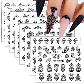 Black Flower Nail Art Stickers 3D Self Adhesive Nail Decals Retro Flower Vine Leaves Pattern Nail Stickers for Women Nails Manicure Decoration 12 Style
