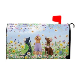 Evlaschin Spring Dog Mailbox Cover with Magnetic 21x18Inch Colorful Wildflower Butterfly Puppy Waterproof Mailbox Wrap Letter Post Cover Standard Size for Garden Yard Outdoor Season Outside Decor